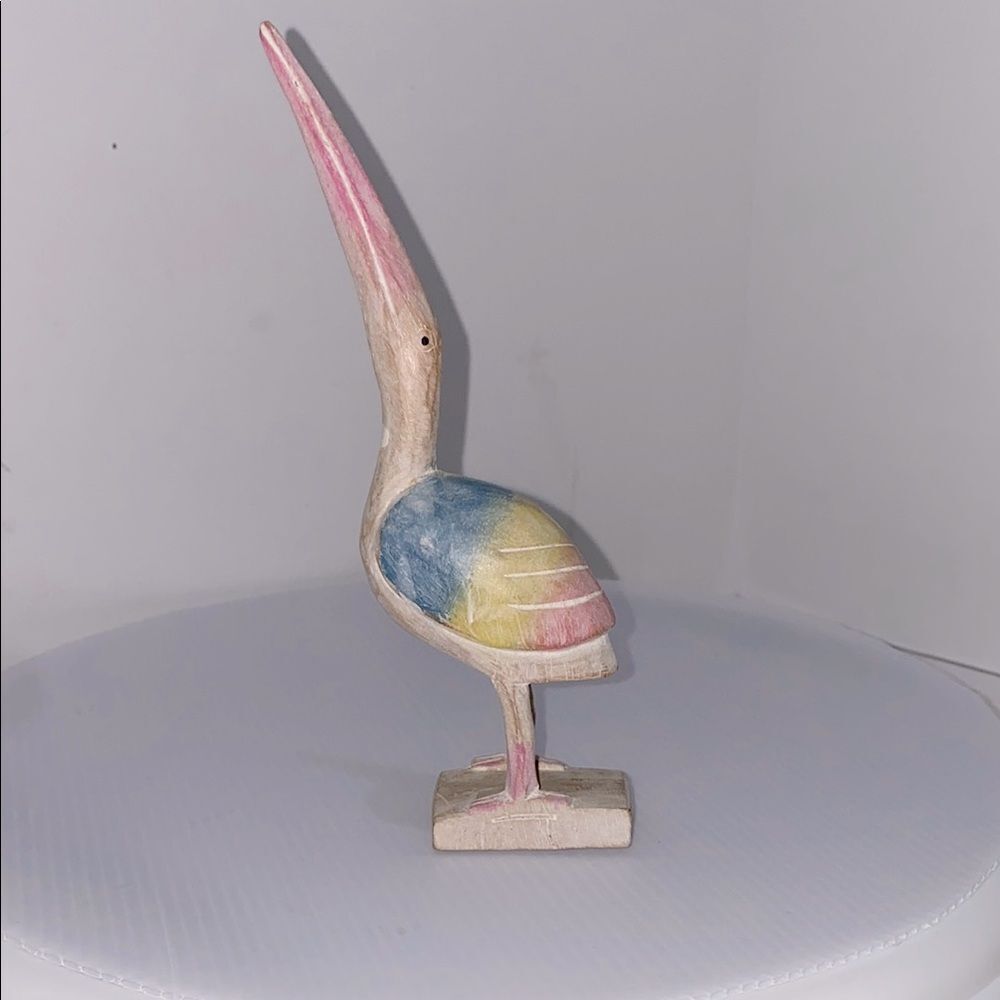 Vintage Colorful Wooden Heron Bird Figurine Hues of Blue Yellow Pink White